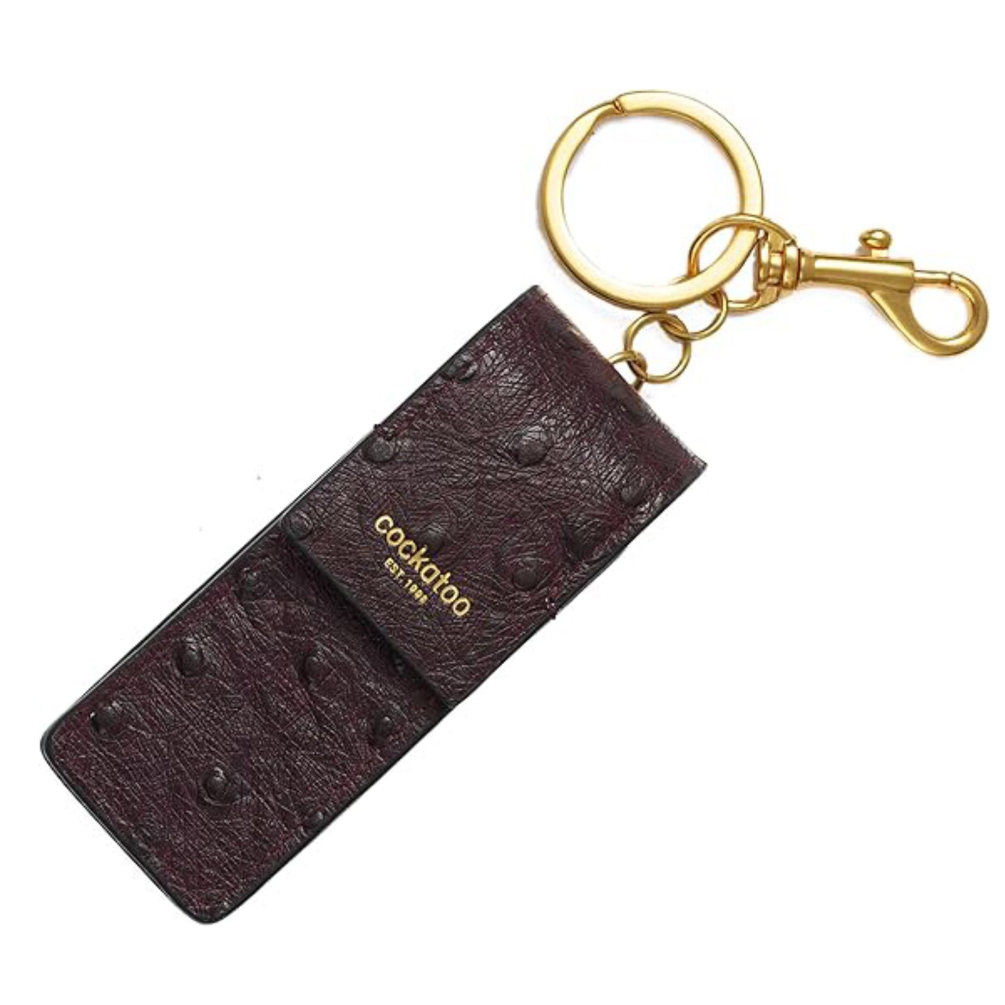 Cockatoo Snap-On Lipstick Holder Keychain, Genuine Leather Lipstick Case with Keychain, Chapstick Holder Keyring