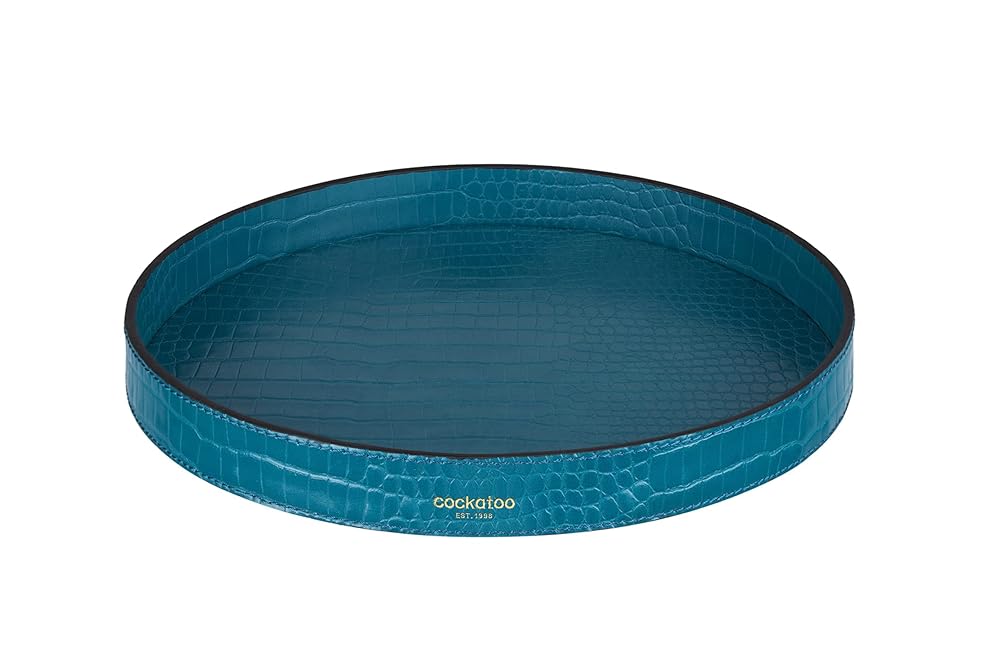 Cockatoo Faux Leather Round Tray, Decorative Coffee Tray for Ottoman, Living Room & Modern Home Decor