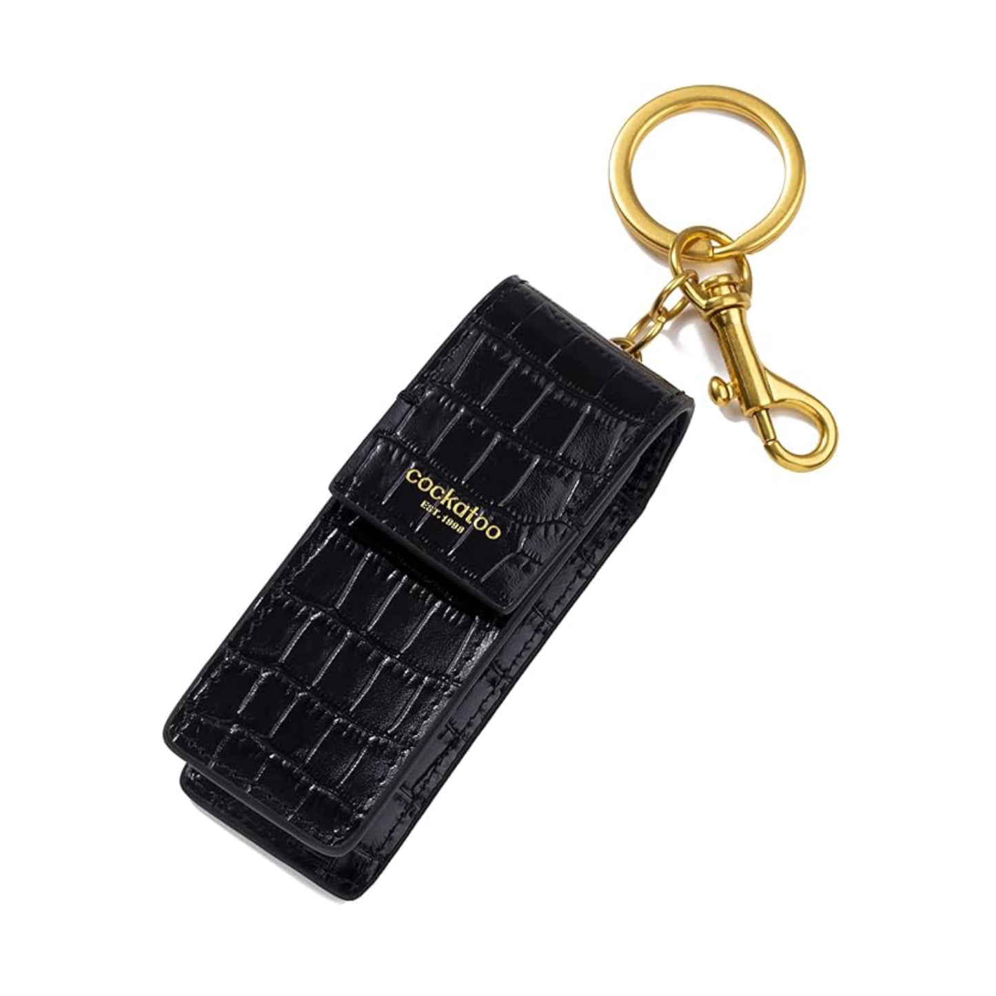 Cockatoo Snap-On Lipstick Holder Keychain, Genuine Leather Lipstick Case with Keychain, Chapstick Holder Keyring