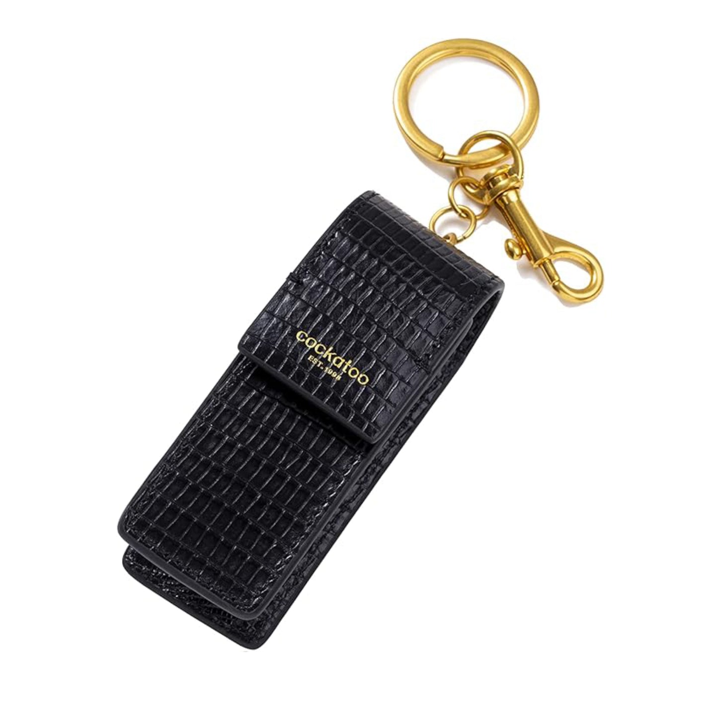 Cockatoo Snap-On Lipstick Holder Keychain, Genuine Leather Lipstick Case with Keychain, Chapstick Holder Keyring
