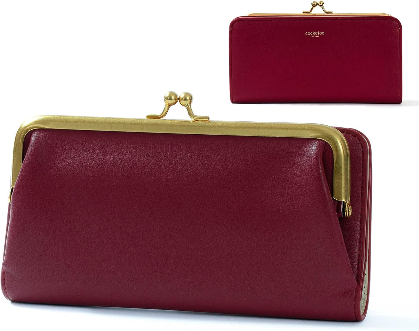 Cockatoo Women's Large Wallet, Soft Sheep Leather Bifold Ladies Wallet with Kiss Lock Coin Pocket and ID Window, Fashionable and Multifunctional