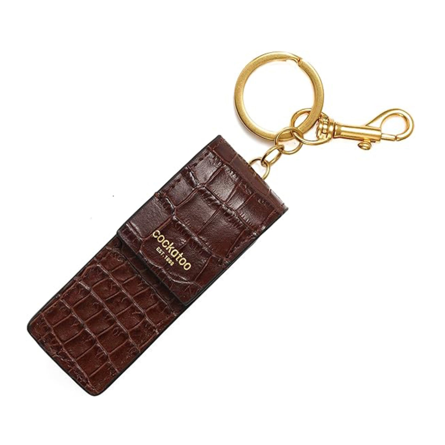 Cockatoo Snap-On Lipstick Holder Keychain, Genuine Leather Lipstick Case with Keychain, Chapstick Holder Keyring
