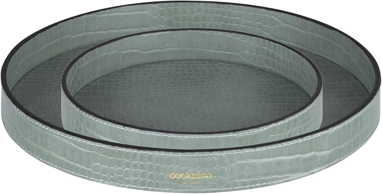 Cockatoo Faux Leather Round Tray, Decorative Coffee Tray for Ottoman, Living Room & Modern Home Decor